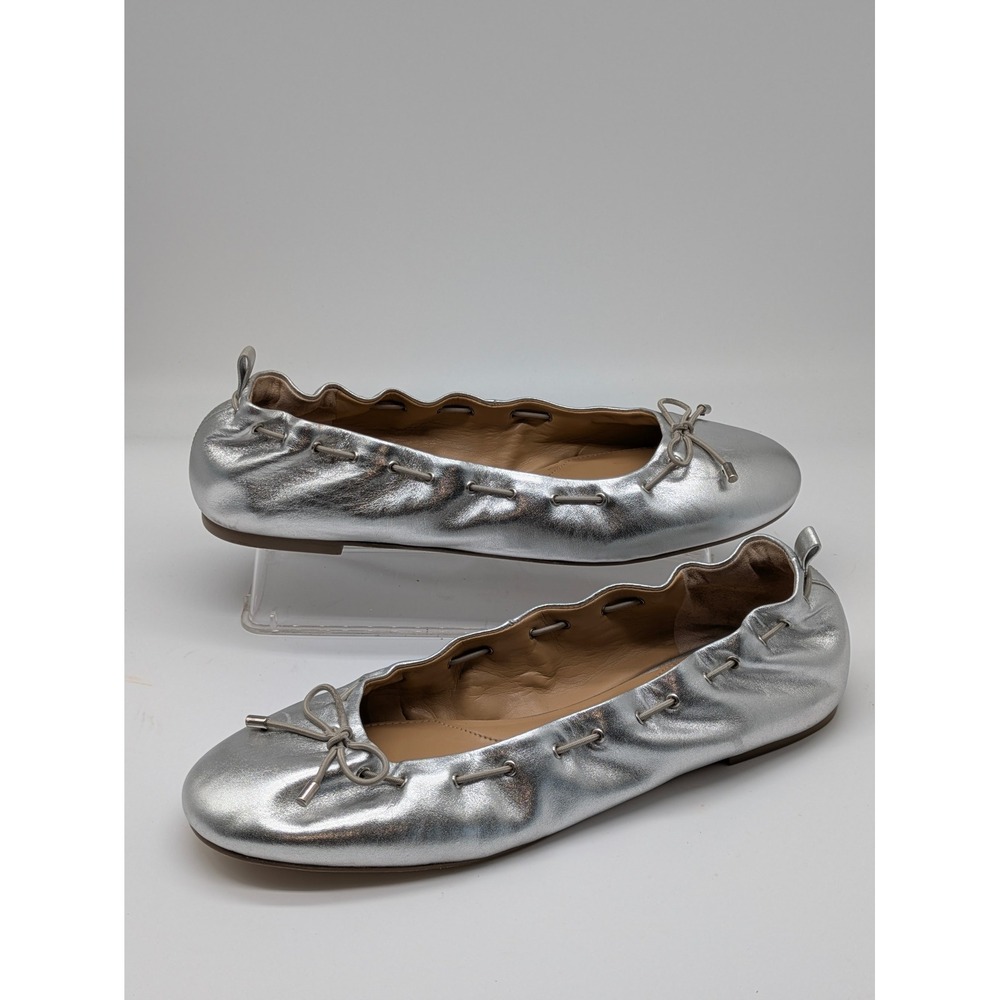 Talbots Silver Leather Ballet Flats Bow Round Toe Brazil Women's Size 10.5 M